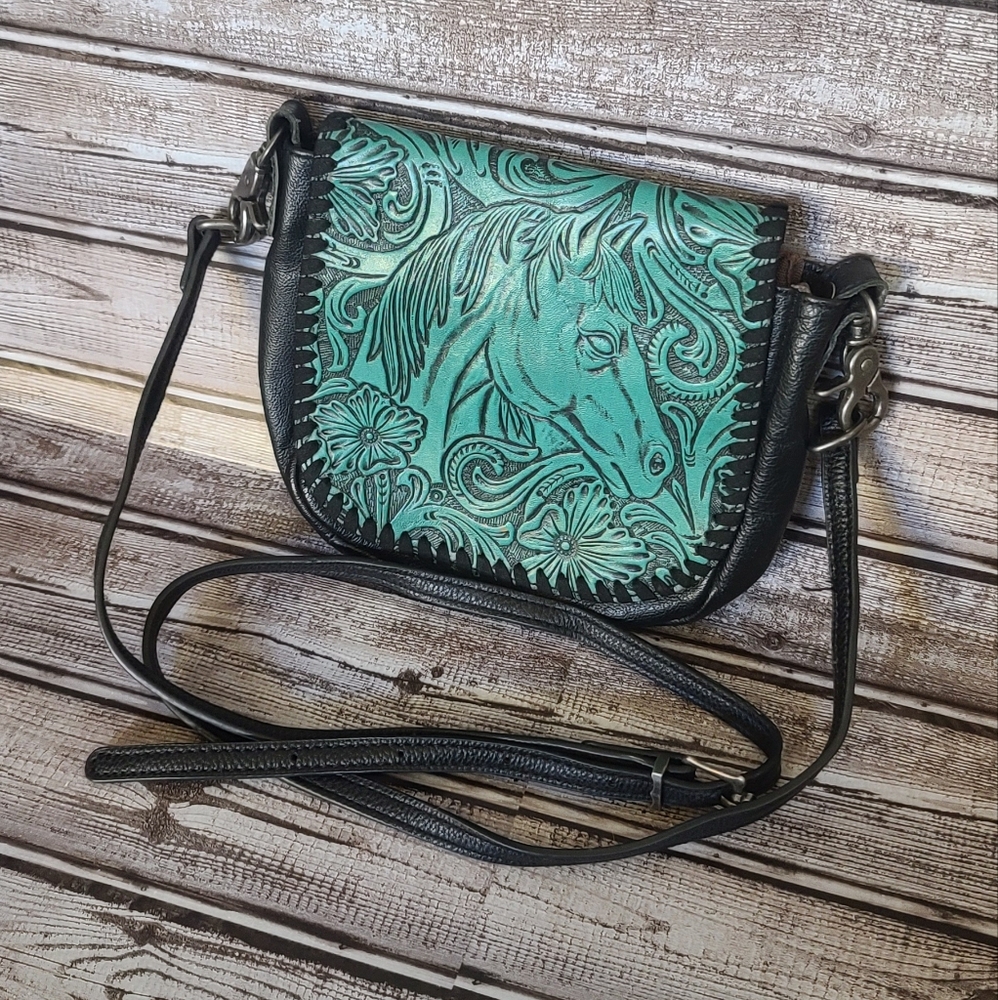 Teal Montana West Leather Horse Embossed Women's Crossbody Bag